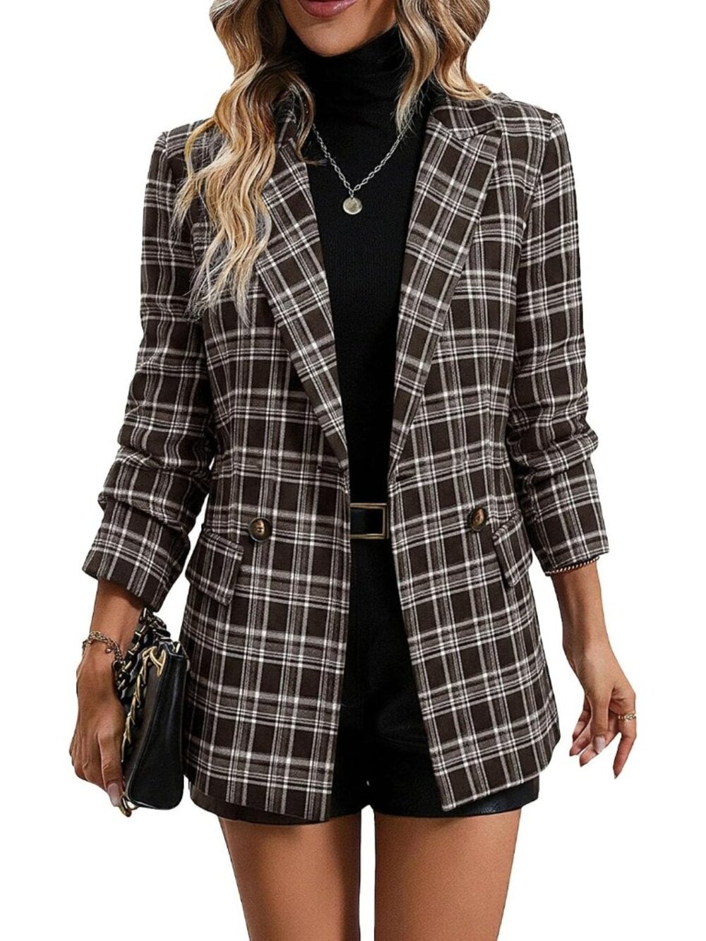 〽️Women Chocolate Plaid Houndstooth Busines Casual Work Cowl Neck Blazer Jacket